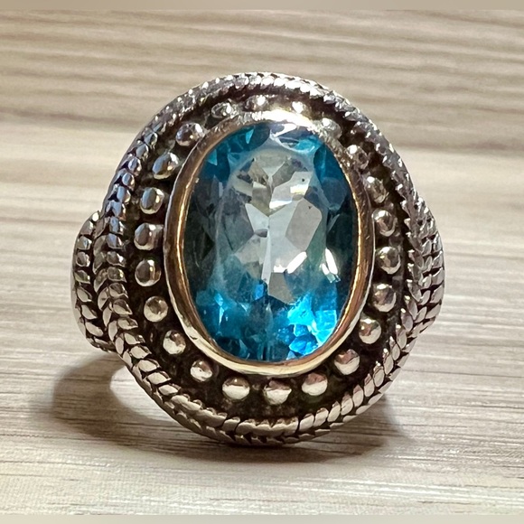 Vintage Designer Signed BJC Sterling Silver & 18K Gold Blue Topaz Ring,Size 5.75 - Picture 2 of 11